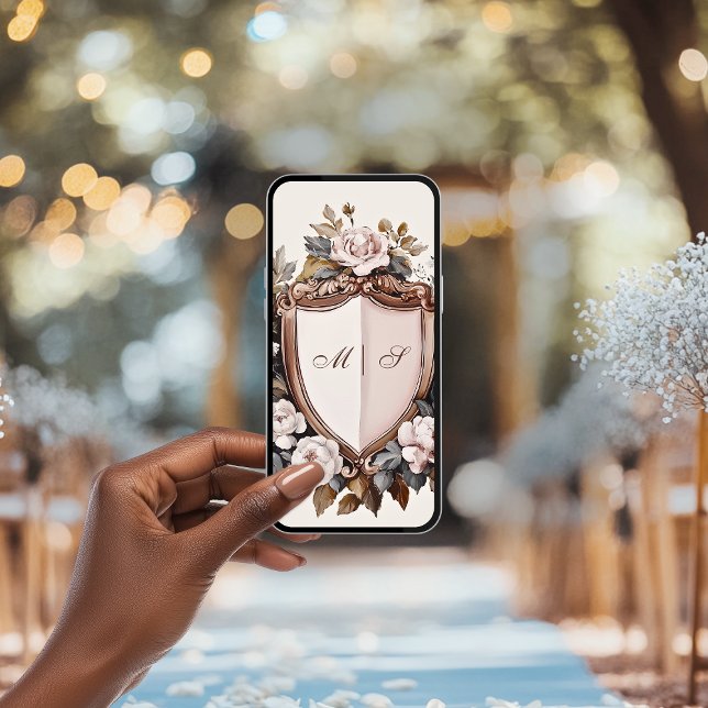 Vintage Pink Peonies Rococo Casamento Crest (sample mockup for our wedding initials rococo crest iphone case)