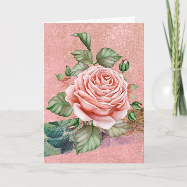 Vintage Pink Rose | Balões - Cartão de Aniversário (Frente)