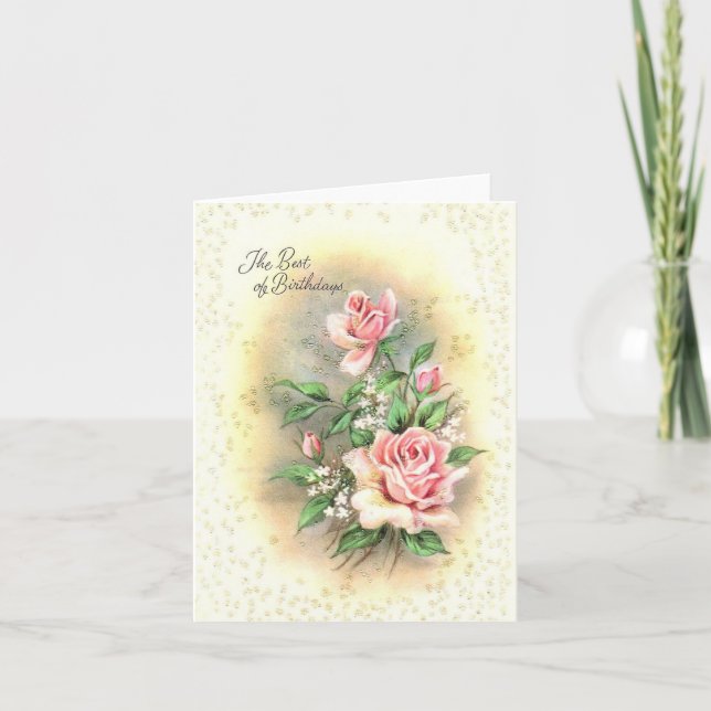 Vintage Pink Roses - Cartão de Aniversário (Frente)