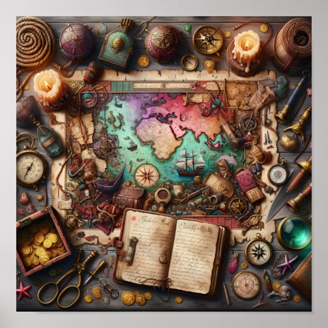 Vintage Pirate Treasure Map Explorer Poster Print (Frente)
