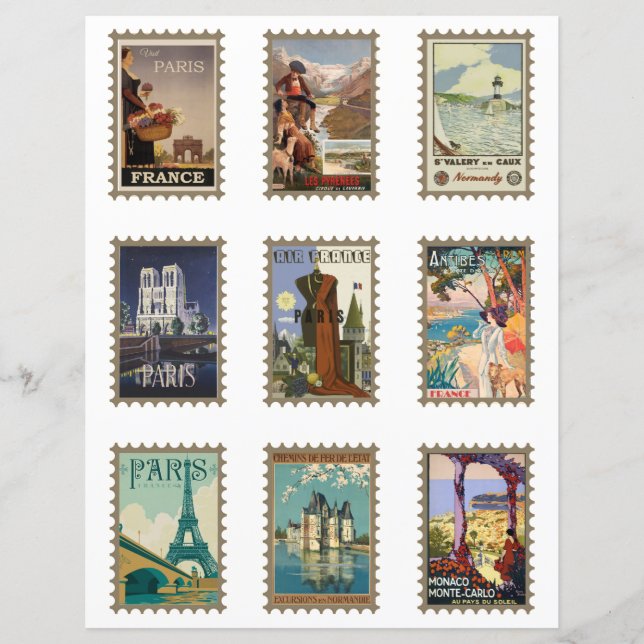 Vintage Poster de viagens francês Faux Stamps Pari (Frente)