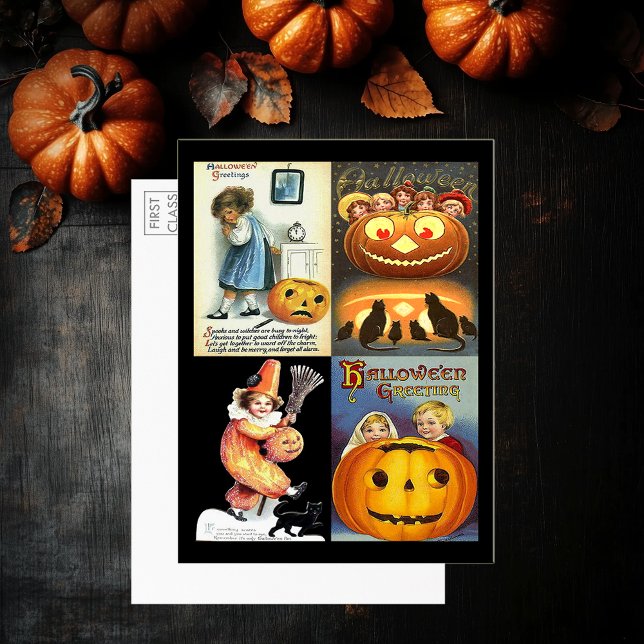 Vintage Pumpkins Kids 4 Fotografias grande Cartão  (Vintage Halloween Women Montage Large Postcard)