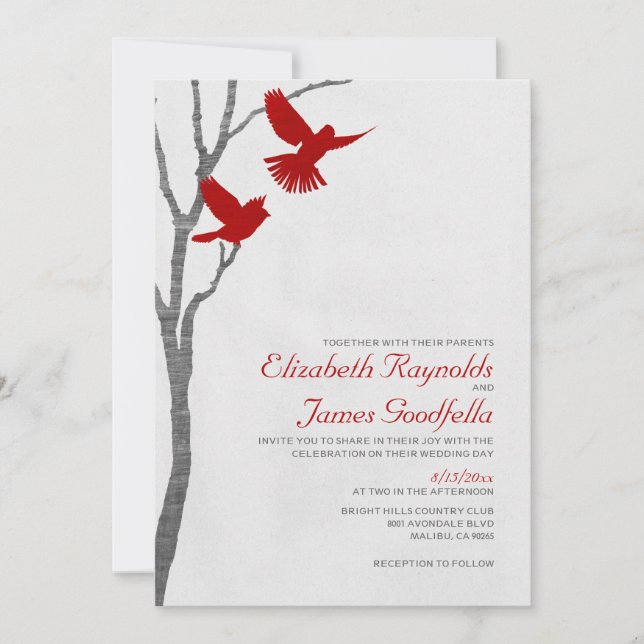 Vintage Red Birds Convites De Casamento (Frente)