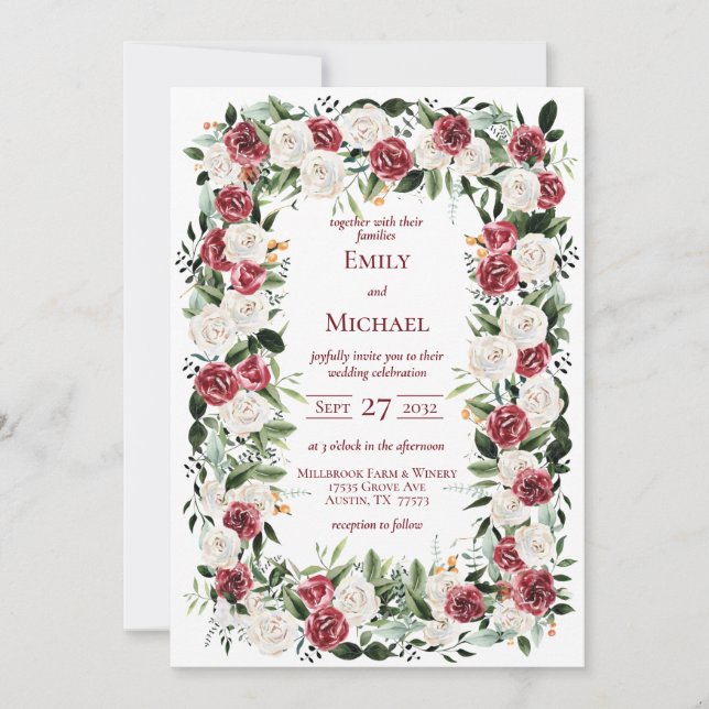 Vintage Red Burgundy White Roses Convite (Frente)