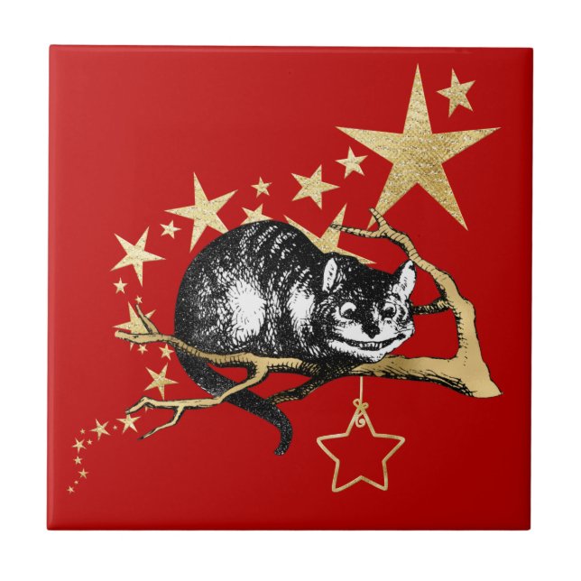 Vintage Red Dourado Cheshire Cat Star Natal (Frente)
