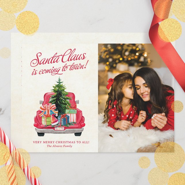 Vintage Red Papais noeis Truck Foto (Vintage Red Santa Truck Photo Holiday Card)