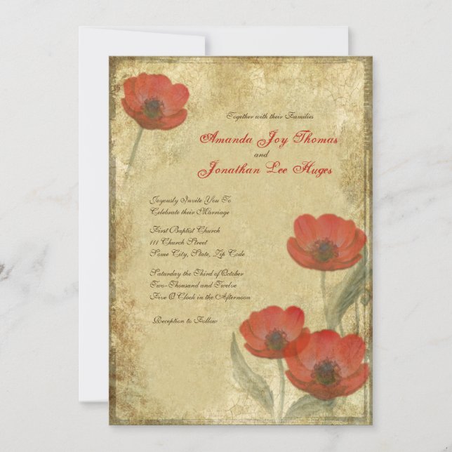 Vintage Red Poppies Convites de Casamento (Frente)