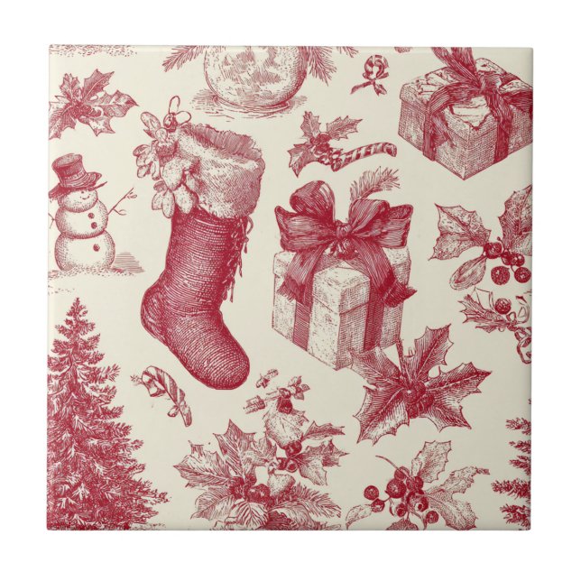 Vintage Red Toile Christmas Pattern with Stockings (Frente)