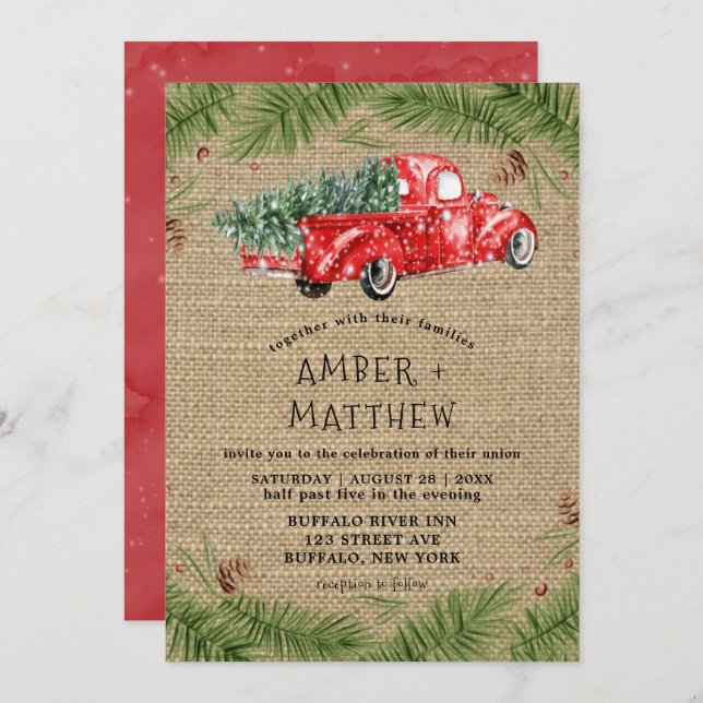 Vintage Red Truck Snow Burlap Convites De Casament (Frente/Verso)
