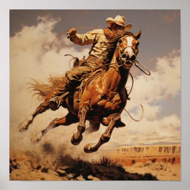 Vintage Remington Painted Cowboy Art Poster - Auth (Frente)