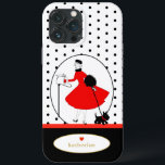 Vintage Retro Lady Scottie Dog<br><div class="desc">Possui um design retrô vintage de uma na moda e seu cachorro Scottie. Feito em vermelho e preto clássico,  acentuado com bolinhas pretas sobre fundo branco e personalizado com seu nome em texto dourado. Faz um presente de excelente para aniversário,  graduação,  feriados,  Natal e muito mais!</div>