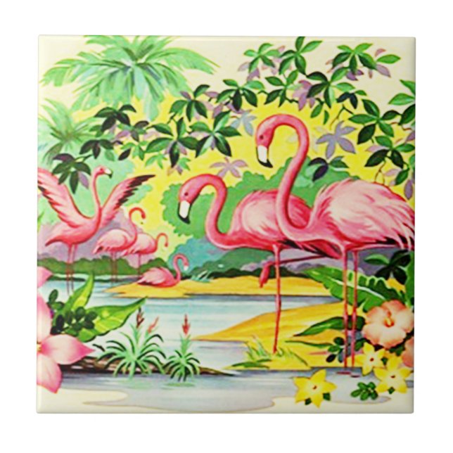 Vintage Retro Pink Flamingo Pink Azulejo de Bloque (Frente)