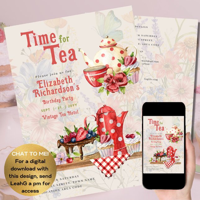 Vintage Retro Tea Party Red Polkadot Aniversário (Criador carregado)