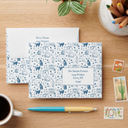 Vintage Retro Toile Patterno Cat Catnip White Blue