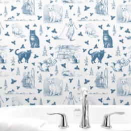 Vintage Retro Toile Patterno Cat Catnip White Blue