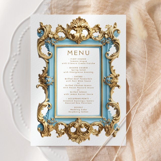 Vintage Rococo Frame Blue Gold Wedding Menu (Criador carregado)