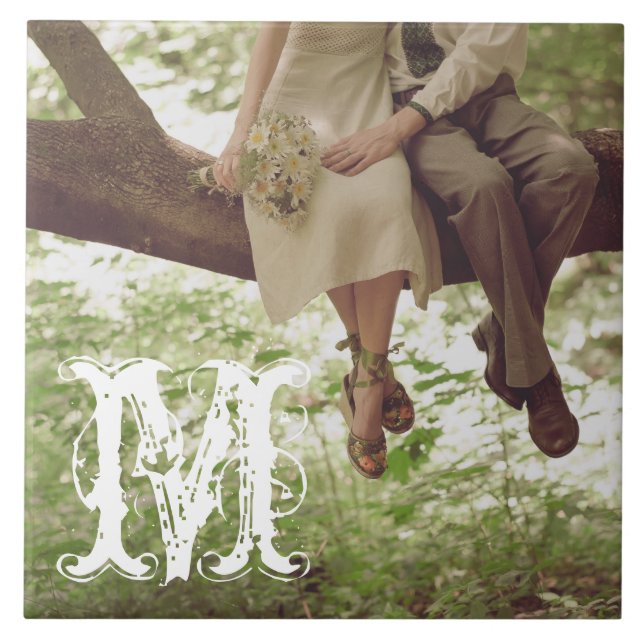 Vintage Romance Love Casal Monograma Azulejo (Frente)