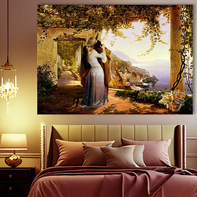 Vintage Romance na Itália Canvas (A romantic vintage painting of a couple kissing on the Italian coast. Beautiful for a bedroom)