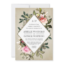 Vintage Rosa Floral Greenery Convites de Casamento