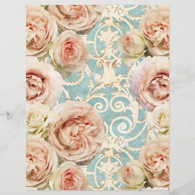 Vintage Rosa Rosa Rosa Floral Damasco Papel Scrapb (Frente)