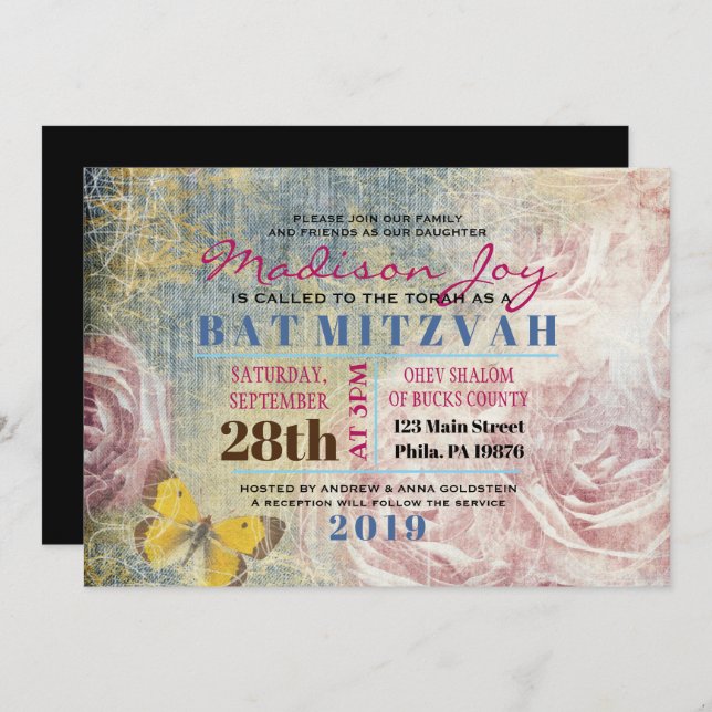 VINTAGE ROSAS & BOTTERFLIES Bat Mitzvah Convite (Frente/Verso)