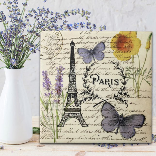 vintage rustic borterfly paris eiffel torre (vintage rustic french butterfly paris eiffel tower ceramic tile)