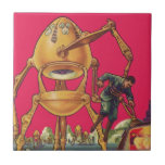 Vintage Science Ficting Alienígena Robô Captura Ho<br><div class="desc">Imagem de Vintage: aliens futuristas de ficção científica e robôs. Um clássico design de ficção científica retrógrada do futuro,  com um robô em forma de ovo segurando um homem em suas garras. Os caracteres pop num fundo rosa claro.</div>