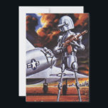 Vintage Science Ficting Soldados Robôs Militares<br><div class="desc">Imagem de robô militar com Ficção Científica futurista Vintage. Um soldado alienígena hostil segurando uma espingarda e em frente a uma aeronave ou avião militar com uma estrela. Ele está num planeta desolado pronto para entrar em guerra com fumaça, fogo e explosões. Hora de lutar e lutar contra os aliens...</div>