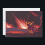 Vintage Science Fiction Alienígena Red Planet Expl<br><div class="desc">Imagem de Vintage,  ilustração futurista Science Fiction com astronautas alienígenas amigáveis acenando. Eles estão em um planeta ou lua vermelho com bolas de fogo explosivas que se parecem com fogos de artifício. Um clássico design de quadrinhos retrô 50 de ficção científica.</div>