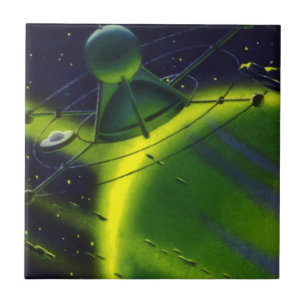 Vintage Science Fiction Green Planet w Spaceship
