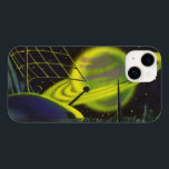 Vintage Science Fiction Neon Green Planet w Rings<br><div class="desc">Ilustração vintage: planetas futuristas de ficção científica e imagem espacial. Uma estação espacial com aliens astronautas numa lua com vista a um grande planeta verde neon com anéis. Um clássico design de quadrinhos retrô de ficção científica.</div>