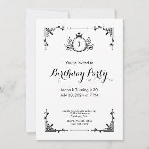 Vintage Scroll Black and White Birthday Convite