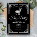Vintage Silver Stag Bachelor Party Convite<br><div class="desc">Incêndio aos seus convidados com este convite de despedida de solteiro clássico, com ornamentado de borda prateada e veados bonitos com tipografia na moda contra fundo preto. Basta adicionar os detalhes do seu evento neste modelo fácil de usar para torná-lo um convite de tipo único. Sacudir a carta para revelar...</div>