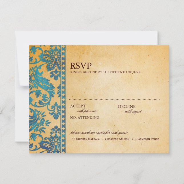 Vintage Sky Blue Damask Lace Weding RSVP (Frente)