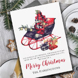 Vintage Sleigh Feliz Natal<br><div class="desc">Um trenó de Natal inspirado na safra, empilhado com presentes, aparado com sinos holly e jingle, e borrifado com flocos de neve em branco limpo. Edite o verso curto, a saudação de Feliz Natal (mude para Feliz Feriados ou Saudações da Estação, ou remova), e a linha de nome da família...</div>