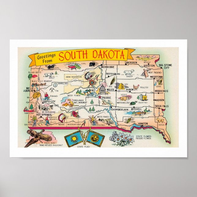 Vintage South Dakota Map Impressão (Frente)