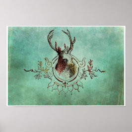 Vintage Stag Head Teal Poster