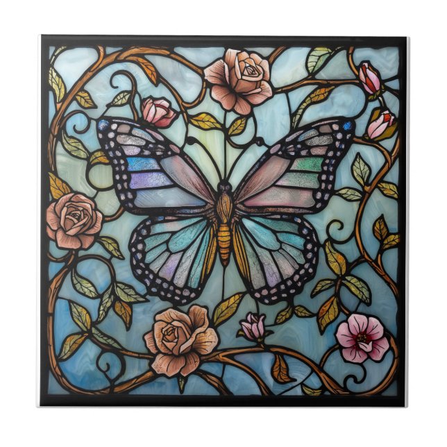 vintage stain glass blue butterfly art  (Frente)