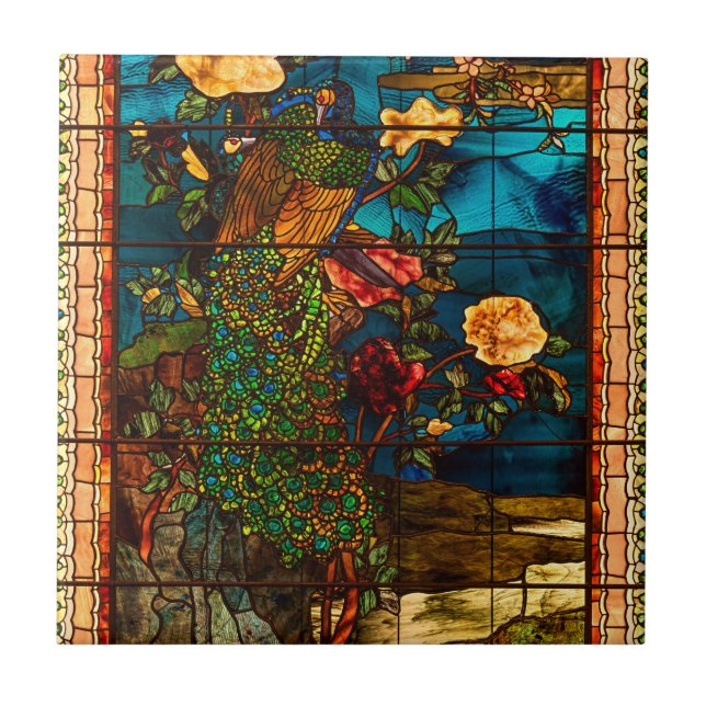 Vintage Stained Glass with Peacocks and Flowers (Frente)