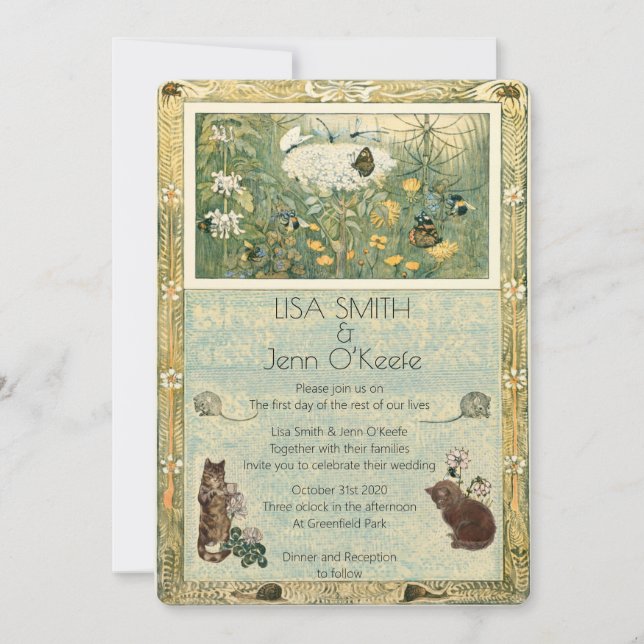 Vintage Storybook Kitten Convite para Casamento (Frente)