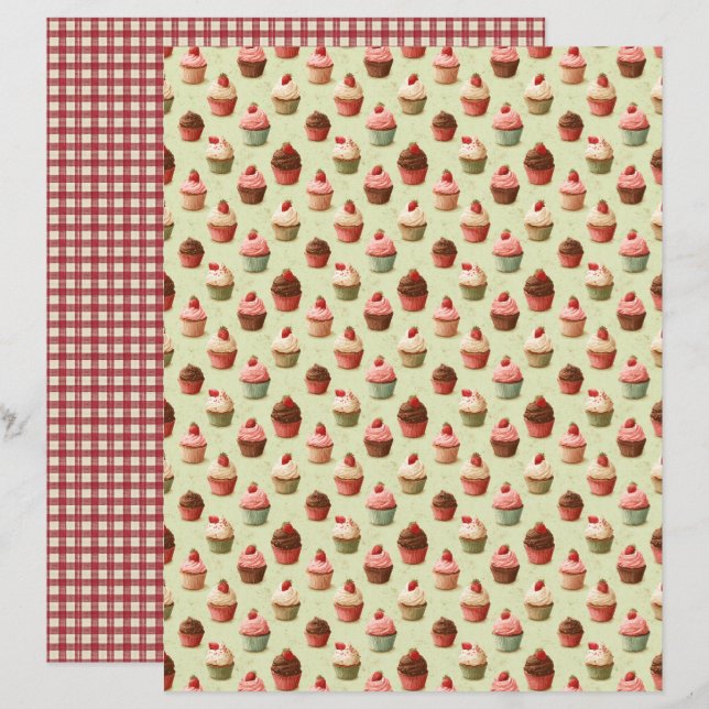 Vintage Strawberry Cupcake Scrapbook Paper (Frente/Verso)