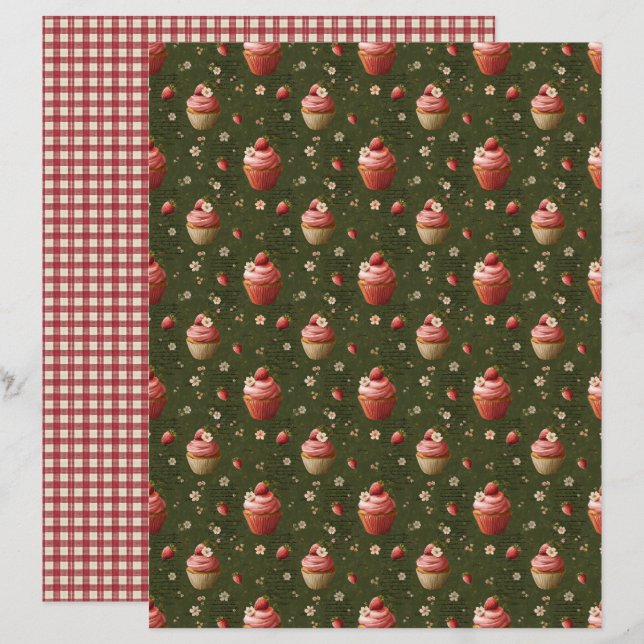 Vintage Strawberry Cupcakes Scrapbook Paper (Frente/Verso)