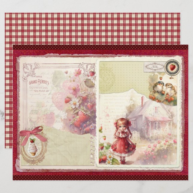 Vintage Strawberry Farm Scrapbook Paper (Frente/Verso)