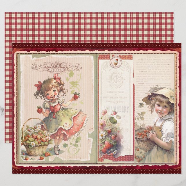 Vintage Strawberry Farm Scrapbook Paper (Frente/Verso)