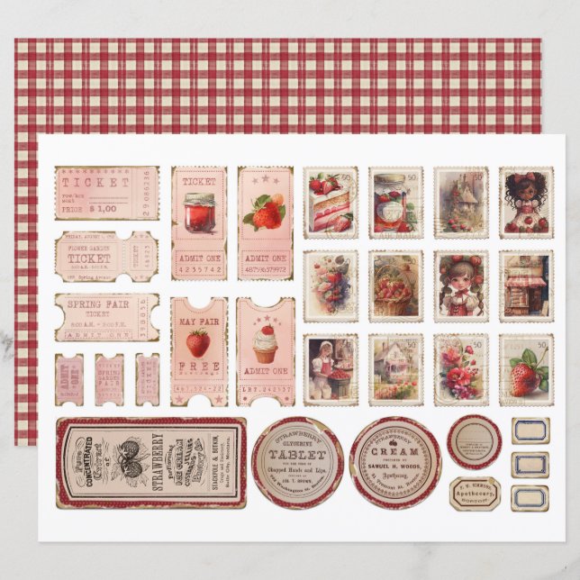 Vintage Strawberry Farm Scrapbook Paper (Frente/Verso)