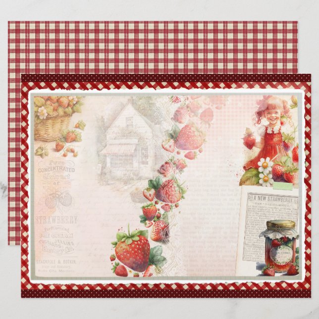 Vintage Strawberry Farm Scrapbook Paper (Frente/Verso)