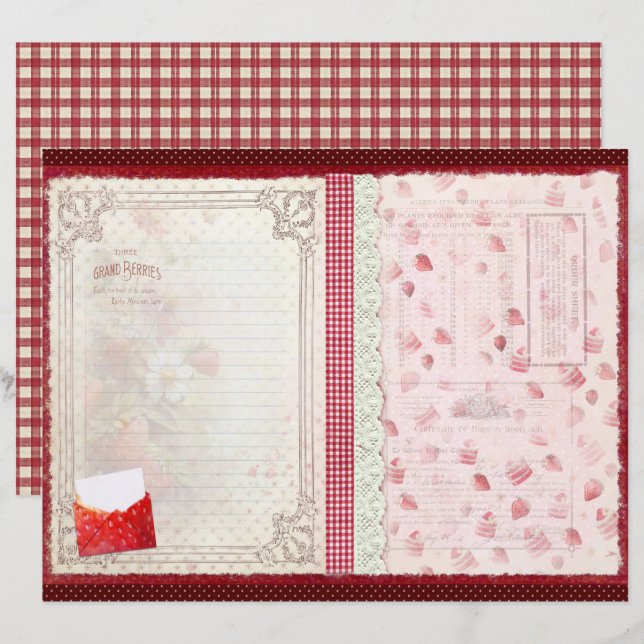 Vintage Strawberry Farm Scrapbook Paper (Frente/Verso)