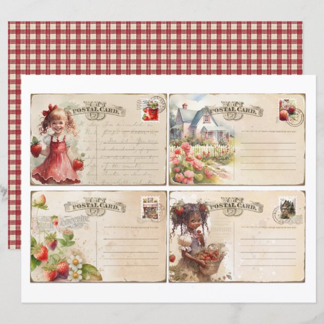 Vintage Strawberry Farm Scrapbook Paper (Frente/Verso)