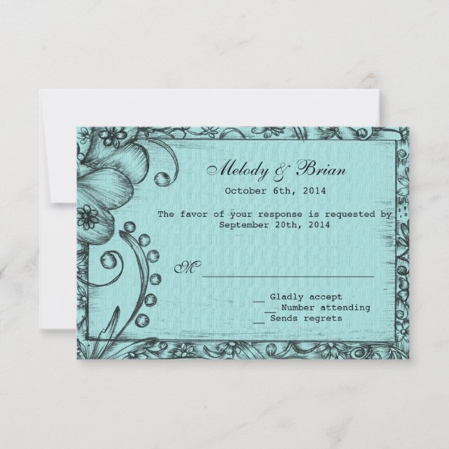 Vintage style aqua blue floral casamento RSVP (Frente)