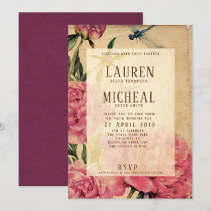 Vintage Style Peony & Dragonfly Convite Para Casam